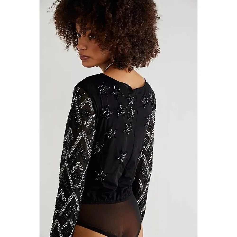 NWT FREE PEOPLE Sz M STARGAZER BODYSUIT SEQUIN EMBELLISHED MESH IN BLACK